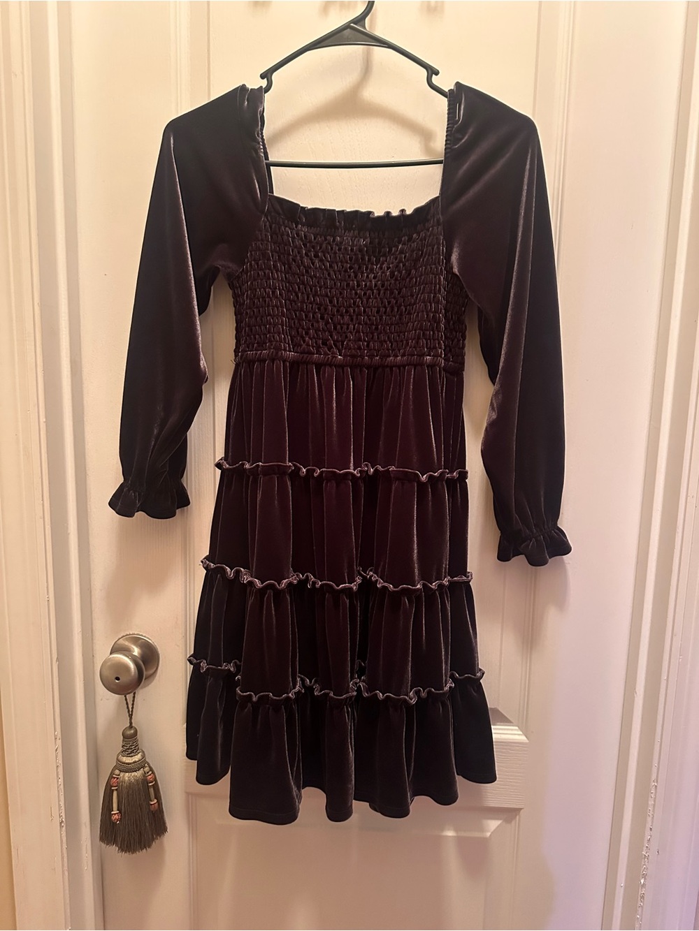 crown & ivy Black Velvet Smocked Tiered Dress with Ruffled Cuffs